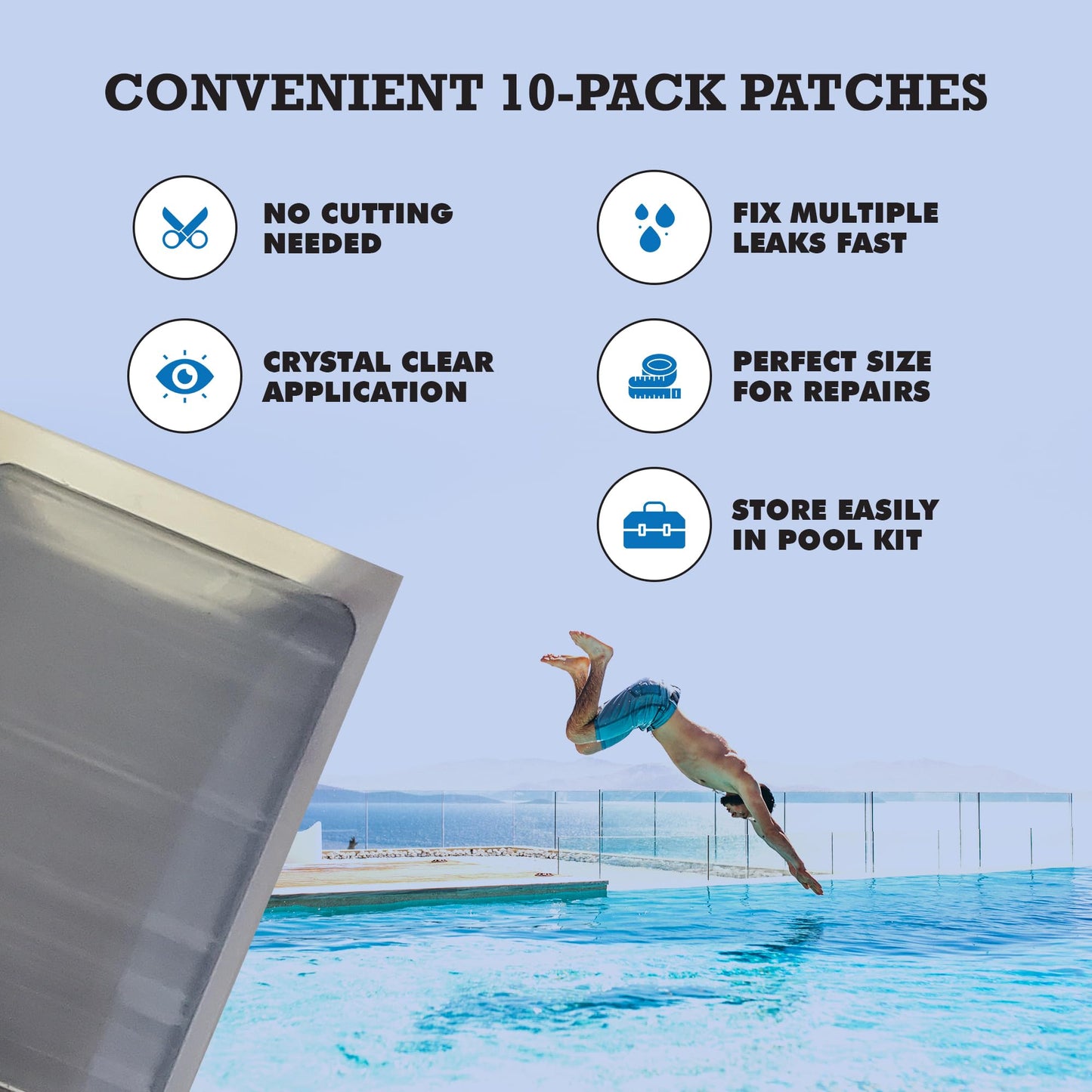 Burro Adhesives 10-Pack Waterproof Clear Pool Tape Patches - Professional Grade PVC Repair Kit with 2.75" x 4" Heavy Duty Patches for Commercial & Residential Vinyl Pools, Works Underwater & Dry