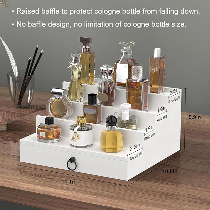 upcessory Cologne Organizer for Men, 4 Tier White Wood Perfume Organizer with Felt Lining Drawer and Hidden Compartment, Perfume Display Holder, A Gift for Men