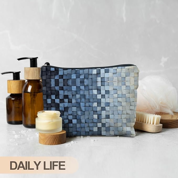 Modern Blue Checkered Makeup Bag, Blue and White Mosaic Checkered Cosmetic Bags for Women, Trendy Preppy Zipper Makeup Pouch