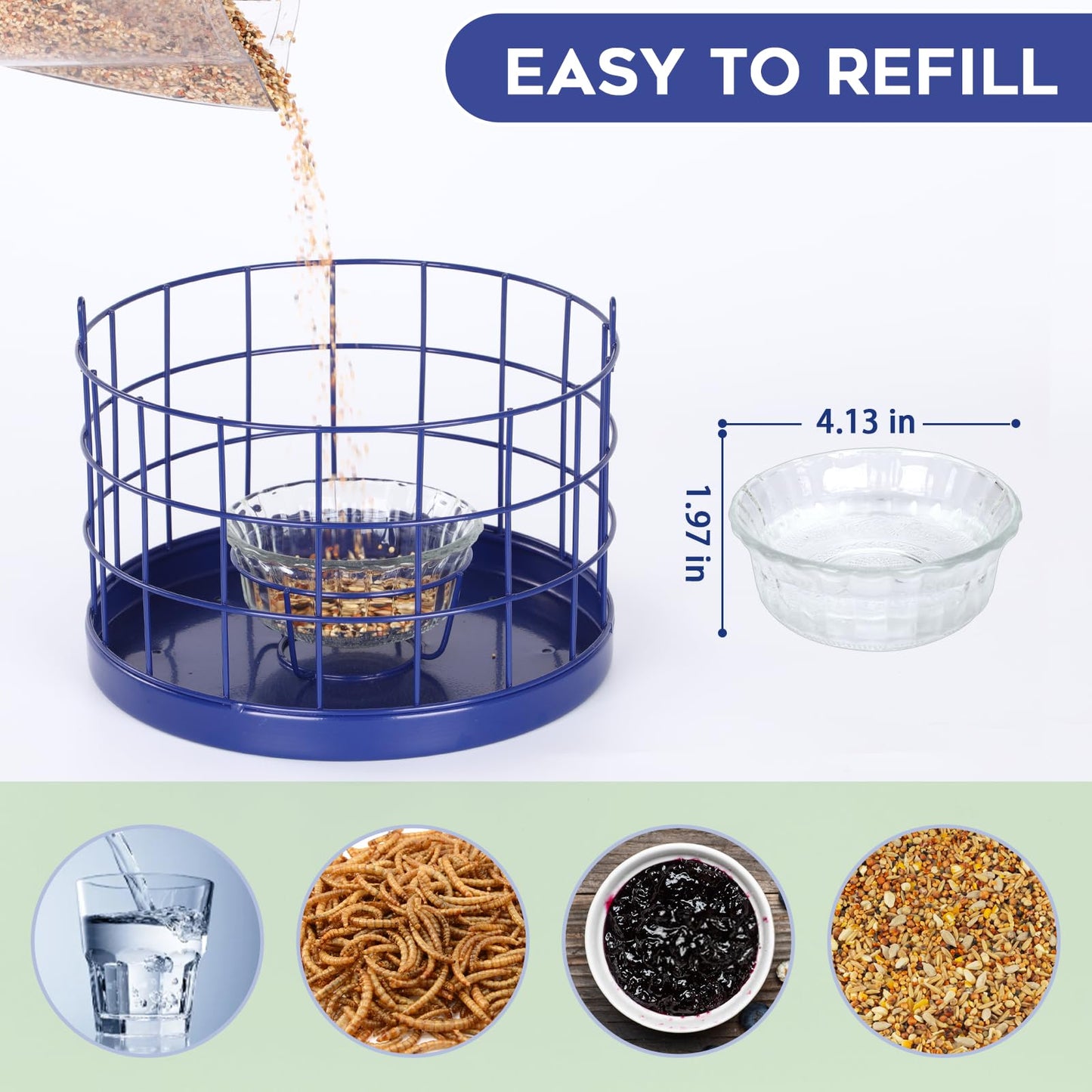Gbekery Caged Bluebird Feeder for Mealworms with Glass Bowl, Squirrel Proof Bird Feeder for Small Birds Only, Detachable Hook, Large Space, Outdoors Weatherproof, Metal, Blue