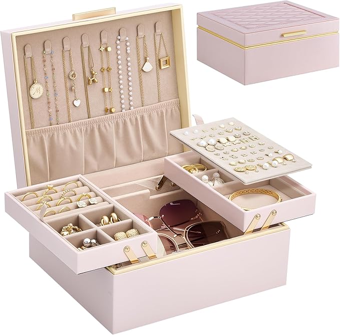 Lolalet Jewelry Box Organizer for Women Girls, 2 Layer Jewelry Organizers and Storage for Necklace Earrings Rings Bracelets, Large Jewellery Holder Case Birthday Valentine Gifts -Pink