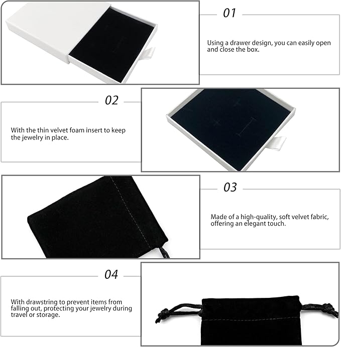 Small Jewelry Gift Box and Velvet Bag, Necklace Bracelet Earring Cardboard Organizer Square Jewellery Gift Box Pendent Storage Case for Birthday Xmas Christmas Wrapping (White)