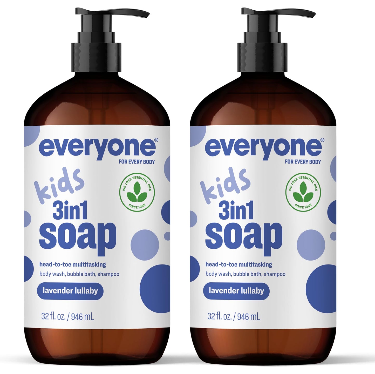 Everyone 3-in-1 Kids Soap, Body Wash, Bubble Bath, Shampoo, 32 Ounce (Pack of 2), Lavender Lullaby, made with Essential Oils for Toddlers, Tweens and Teens