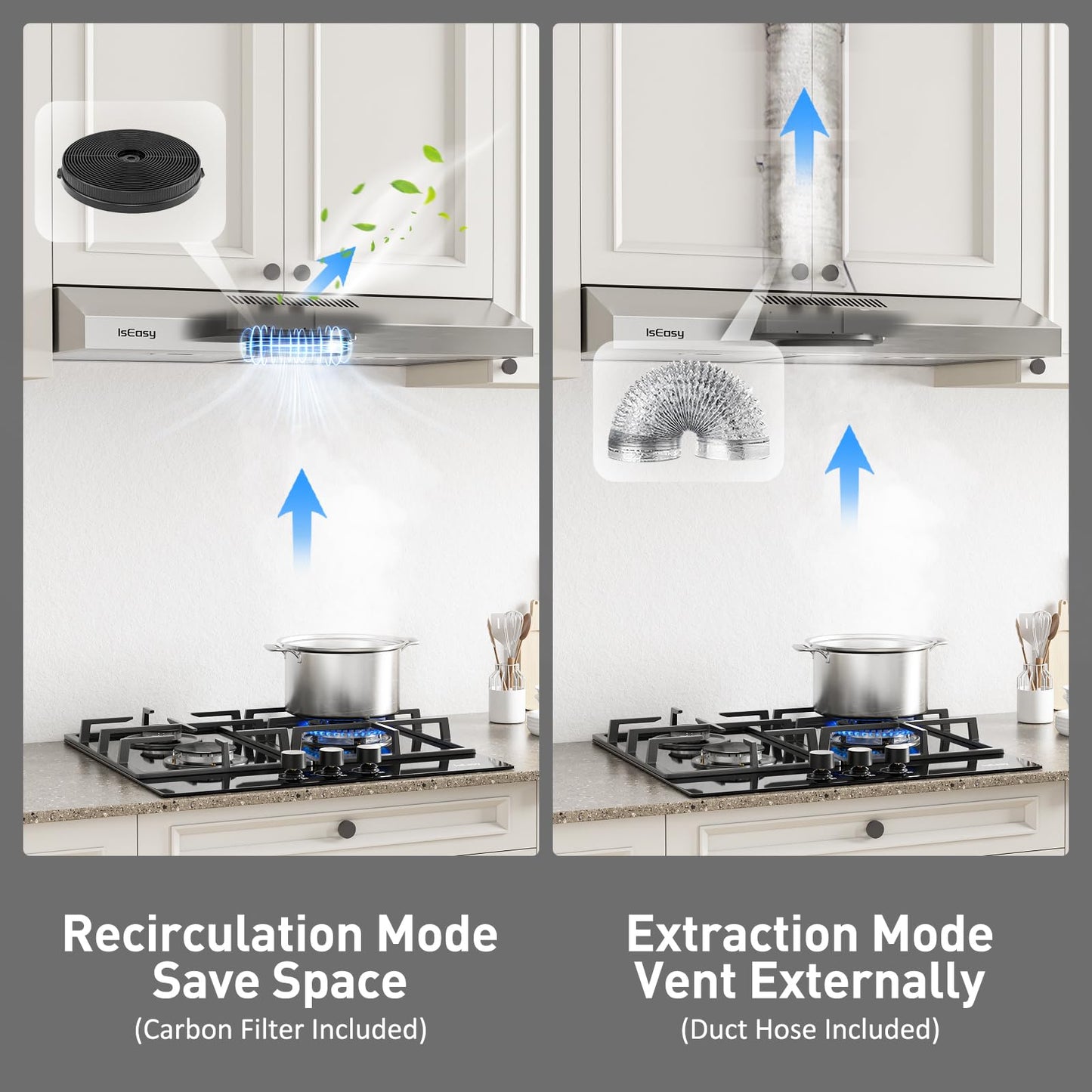 Range Hood 30 Inch, IsEasy Under Cabinet Range Hood, Ducted/Ductless Convertible, Kitchen Vent Hood 30 Inch with 3-Speed Exhaust Fan, Stainless Steel, LED Light and Reusable Charcoal Filter