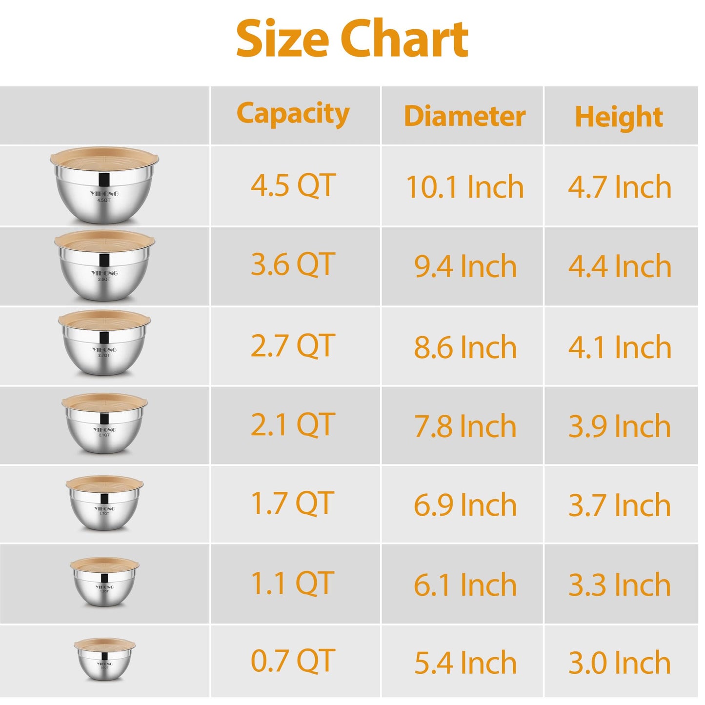 YIHONG 7 Piece Metal Mixing Bowls with Lids for Kitchen, Stainless Steel Set Ideal for Baking, Prepping, Cooking and Serving Food, Nesting Design for Space Saving Storage (Khaki)