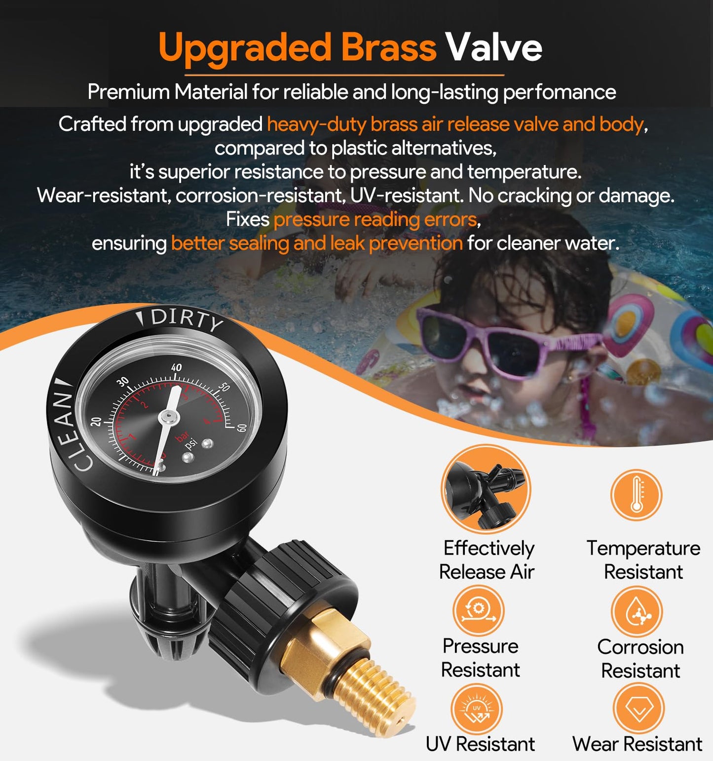 Upgrade R0357200 Brass Air Relief Valve with Pressure Gauge, Air Release Valve Replacement Parts for Zodiac Janay Pool and Spa Filters, CV & CL, DEV & DEL, JS Series