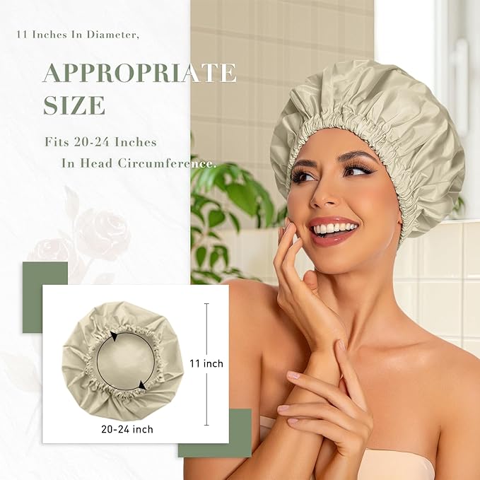 Reusable Shower Cap for Women, Large Waterproof Shower Bonnet with Elastic Band, Washable Bath Hair Cap for Long, Curly Hair, Braids, Daily Shower, Home Spa, Travel(Gray Yellow)