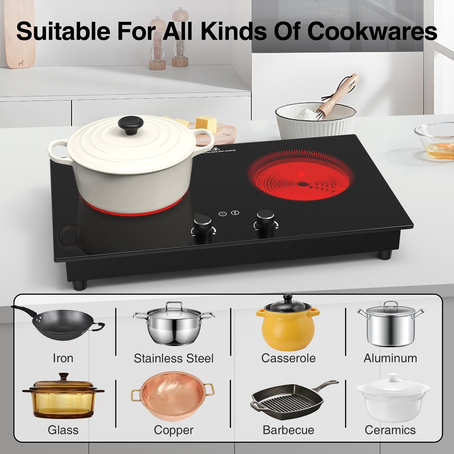 VBGK Electric Cooktop,2400W Electric Stove Top,Countertop and Built-in Hot Plate with Child Safety Lock, Timer, LED touch Knob Control,Overheat Protection,110V 2 Burner Induction Cooktop