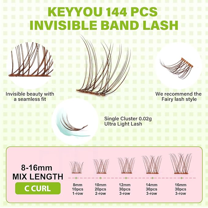 KEYYOU Venus Brown Lash Clusters Fairy Eyelash Extension C Curl 120Pcs Eyelash Extension Wispy Natural Invisible Band Lash with Waterproof DIY Lash Extension at Home(Venus Brown-C-8-16MIX)