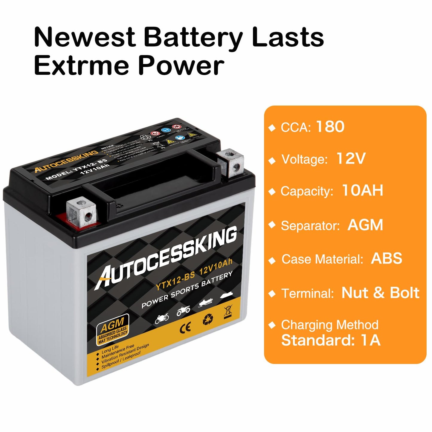 YTX12-BS Motorcycle Battery, 12V 10Ah Rechargeable Maintenance Free Sealed AGM Battery Powersport Replacement Battery for ATV and Scooter