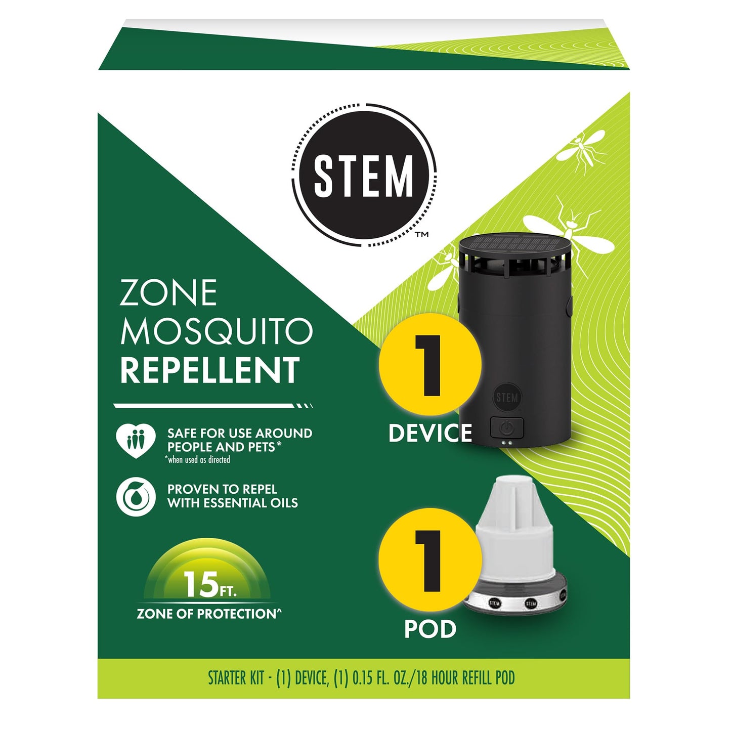 STEM Zone Mosquito Repellent Device, Easy-to-Use Outdoor Insect Protection with Proven Essential Oils, People and Pet Safe, Solar and USB-C Charger, Waterproof - Includes 1 Device & 1 Pod