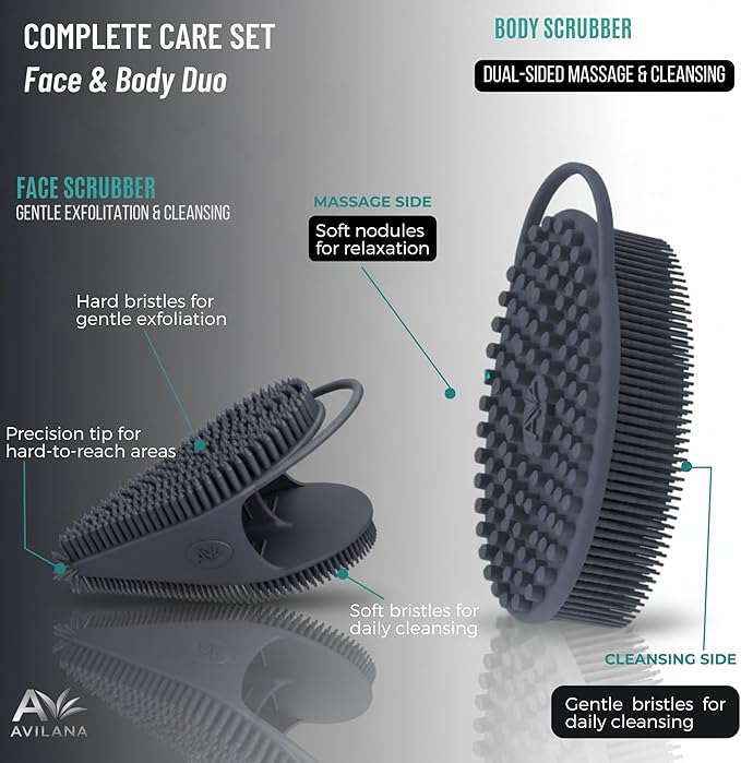 Avilana Premium Body Scrubber and Face Brush Set - Trusted Since 2017 - SGS Certified Silicone 2-in-1 Shower Kit, Dual Sided Gentle Exfoliating Loofah Alternative Sensitive Skin Women Men Gift