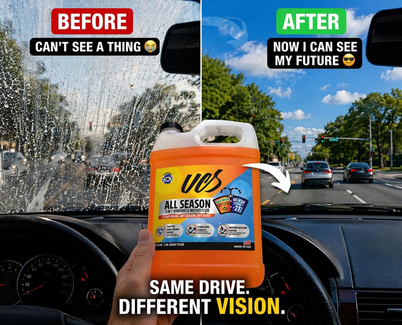 UCS Windshield Washer Fluid All Season -27°F, Freeze Protection, Water Repellent & Bug Remover, Streak-Free, 1 Gallon (128 fl oz)