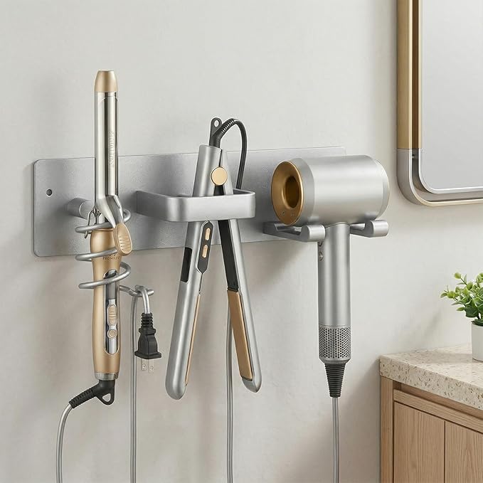 Blow Dryer Holder Wall Mount, 3 in 1 Bathroom Hair Tool Organizer with Curling Iron Holder & Flat Iron Holder, Universal Hair Dryer Holder Rack Storage (Silver)
