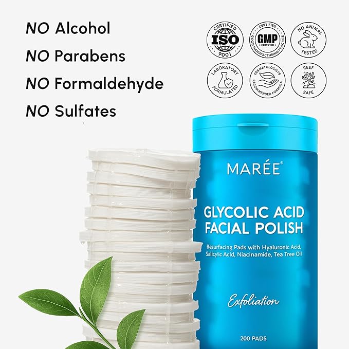 MAREE Glycolic Acid Pads Ã¢ÂÂ 200 Toner Pads for Face Cleansing Ã¢ÂÂ Facial Exfoliating Pad with Tea Tree Oil, Salicylic Acid & Vitamins E, B3, B5 Ã¢ÂÂ Acne Clearing Face Pad, Skin Pore Resurfacing & Radiance