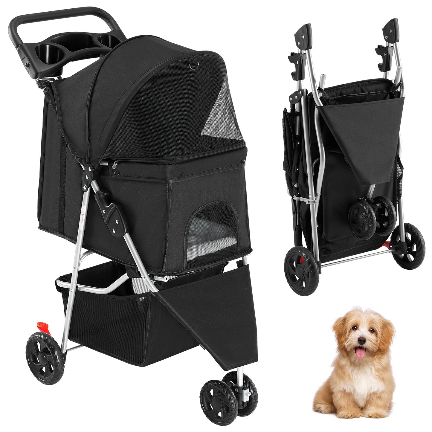 KMFurnila 3 Wheel Pet Stroller for Dogs, Cats Stroller with Storage Basket and Cup Holders, Foldable, Lightweight and Durable, Ideal for Small to Medium Pets, Home Cleaning, Black