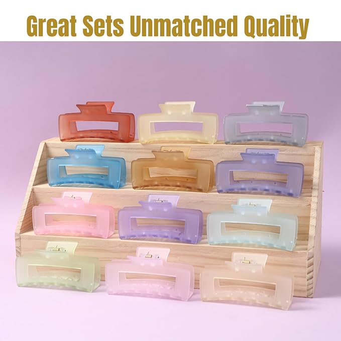 12 PCS Large Clear Square Hair Claw for Women, 4.3-Inch Matte Rectangle Clips, Strong Hold for Thick & Thin Hair
