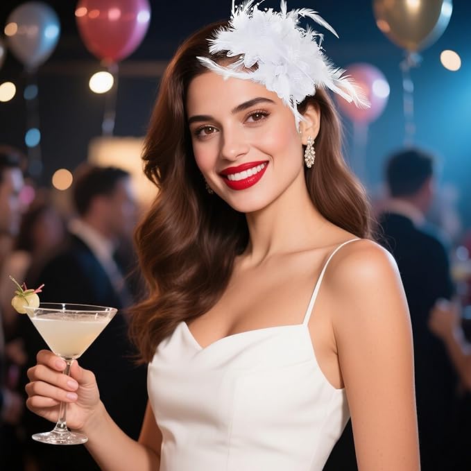 Womens Fascinators Hats Tea Party Hats for Women, Feather Pearl Veil Headband for Wedding Cocktail Dresses Accessories
