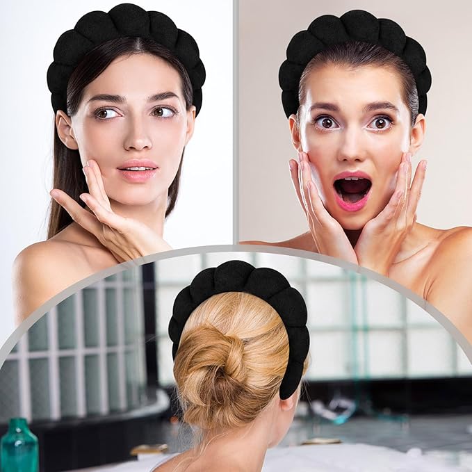 Women's Spa Headband for Face Washing, Makeup Removal, and Shower - Terry Cloth Puffy Sponge Headband with Hair Accessories (Black)