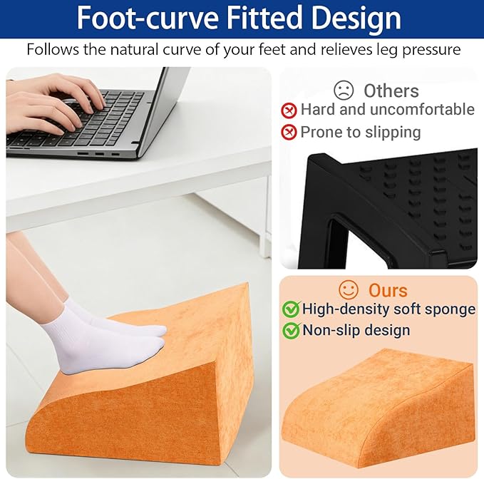 Foot Rest for Under Desk at Work, Ergonomic Under Desk Footrest with Washable Cover for Office, Home & Gaming Leg Elevation Pillow Orange