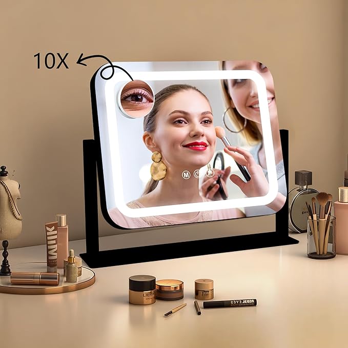 Black Vanity Mirror with Lights 14"×12", Led Makeup Mirror, Lighted Makeup Mirror with 3 Color Dimmable Lights, Smart Touch Screen Control, 360°Rotation