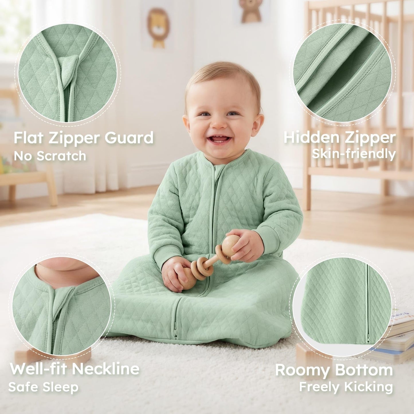 Yoofoss Baby Sleep Sack 12-18 Months 1.0 Tog Long Sleeve Sleep Sack Organic Cotton Wearable Blanket for Toddlers 2-Way Zipper Quilted Sleeping Sacks(Large)