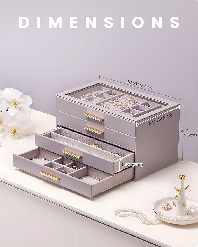 Lolalet Jewelry Box Organizer, 4-Layer Jewelry Organizers and Storage Case with Glass Lid, Ring Earring Bracelet Necklace Holder Organizer, Birthday Valentine Gifts for Women Girls -4Layer, HazePurple