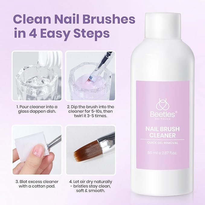 Beetles Nail Art Brushes Cleaner and Conditioner 85ml/2.87 Fl.Oz Nail Brush Restorer Quick Clean Break in Manicure Brush of Gel Polish, Nails Extension Gel, Dip Powder, Acrylic Builder DIY and Salon
