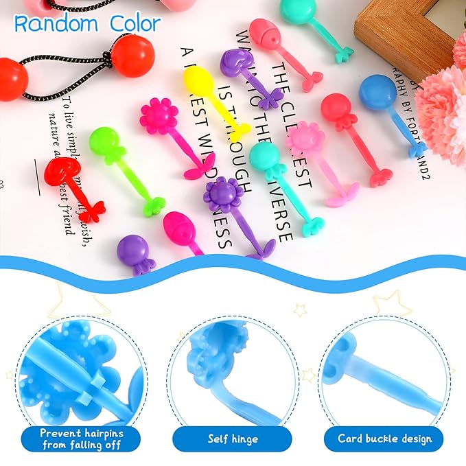 60 Pcs Self Hinge Plastic Hair Barrettes Set, Ball Bubble Hair Accessories with Elastic Ponytail Holders and Toddler Hair Ties (Novel Style)