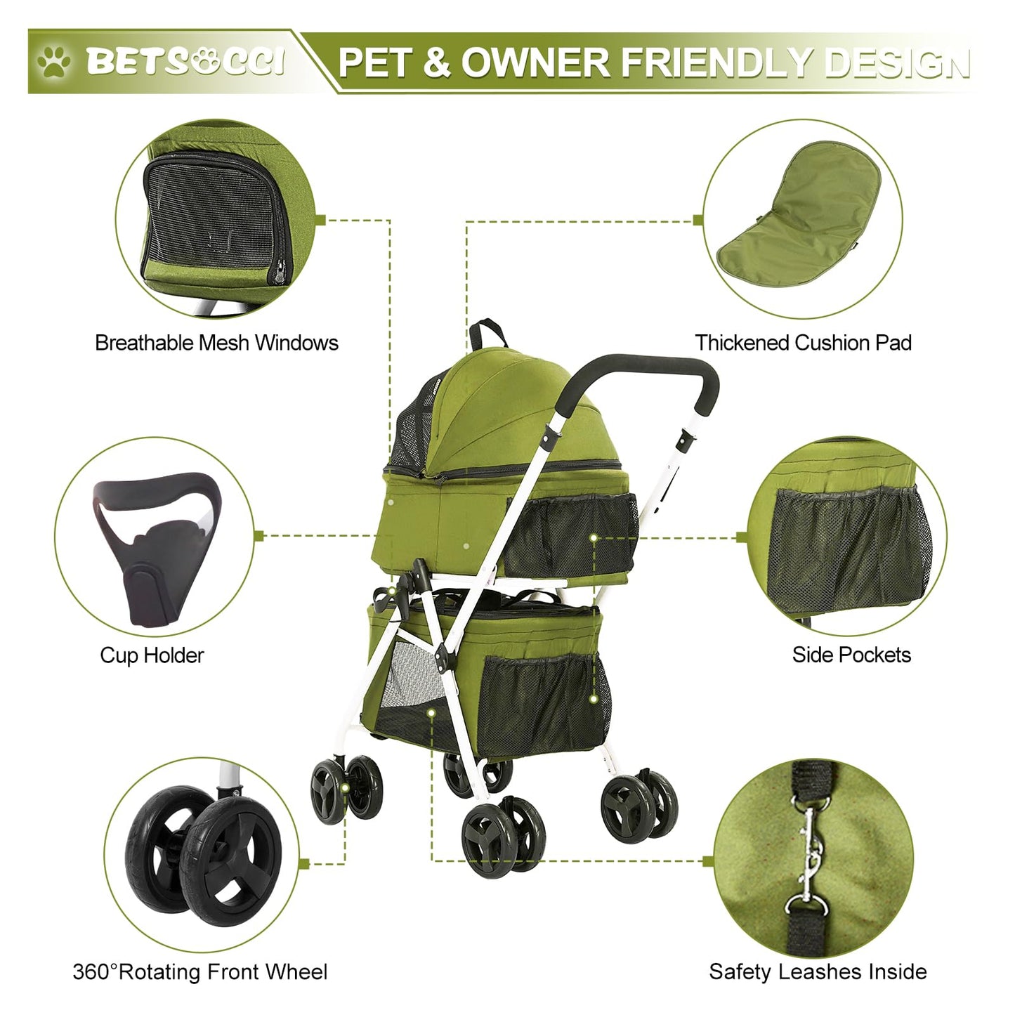 BETSOCCI Double Dog Stroller with 2 Detachable Carrier, Portable Pet Stroller for Small Dogs & Cats Folding Lightweight Puppy Travel Carriage, 4 Wheels, Olive Green