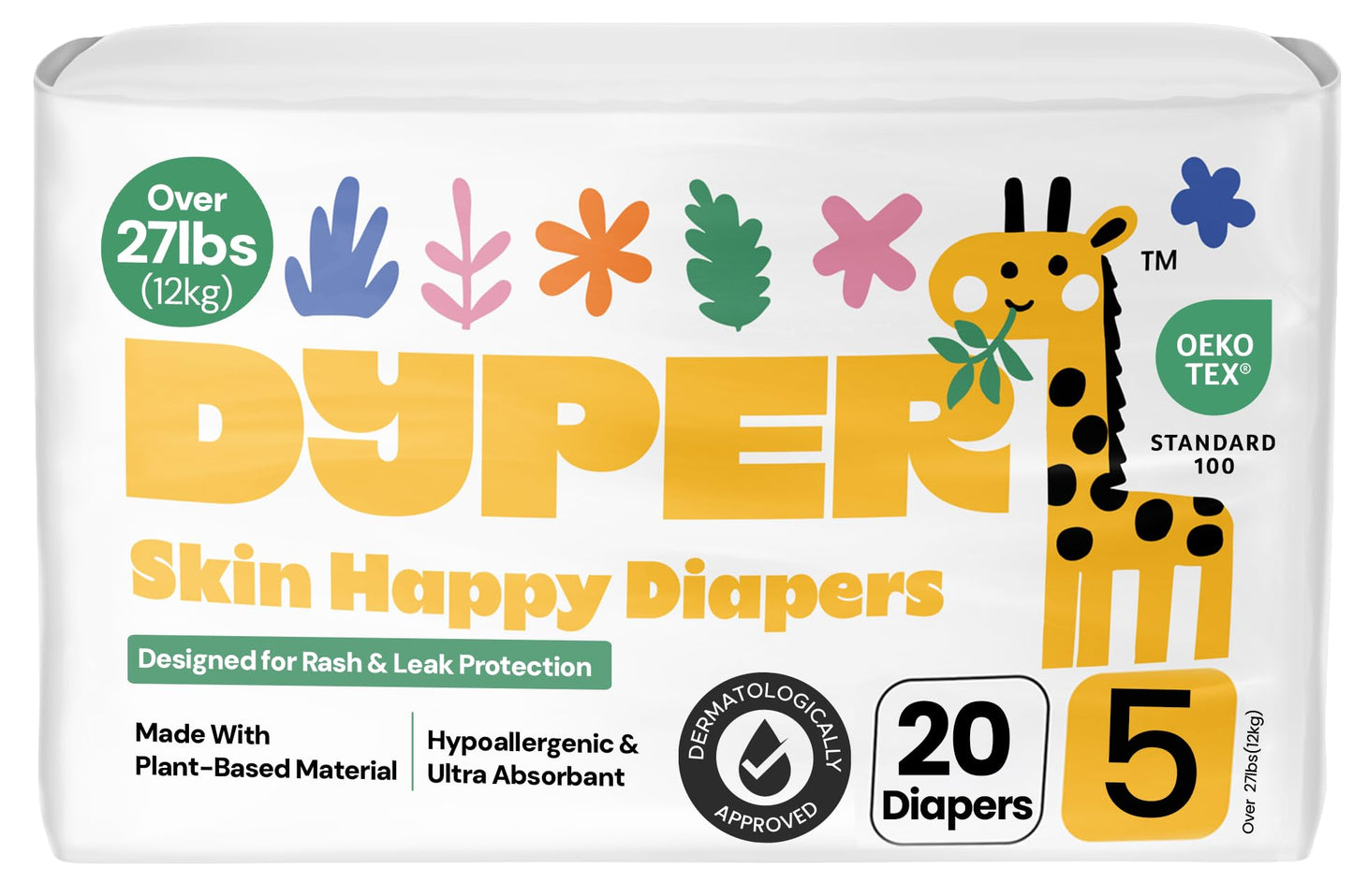 DYPER Baby Diapers Size 5 (20 Count) – Plant-Based, Hypoallergenic, Fragrance-Free & Ultra Absorbent Disposable Diapers for Day and Overnight Skin Protection, Single Pack Size 5 Diapers