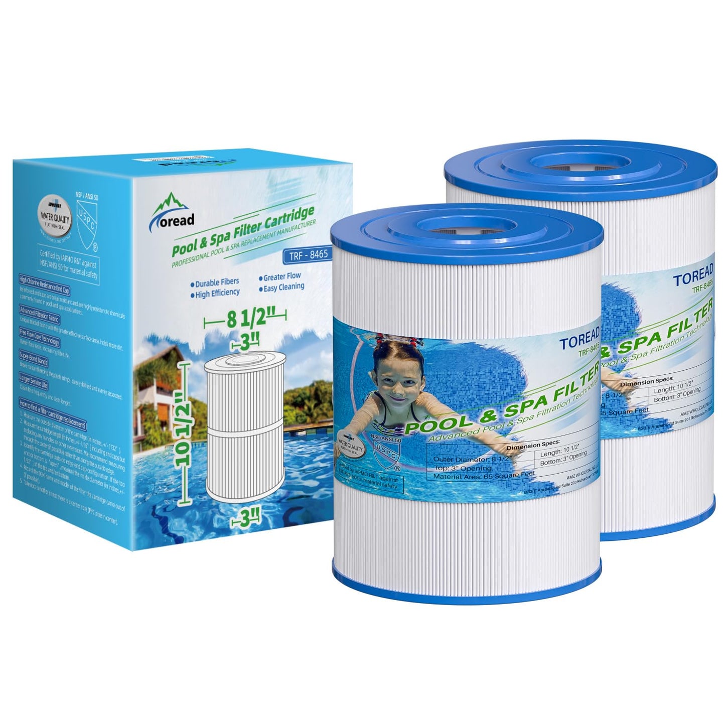 TOREAD NSF-50 Certified Watkins 31114 Replacement Tiger River Spa Filter, Compatible Unicel C-8465, PWK65, Filbur FC-3960, 71827, 71828 Hot Tub Filter, 65 sq. ft Hot Spring Spa Filter 2PACK