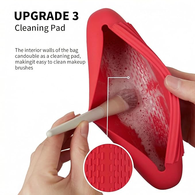 Silicone Makeup Brush Holder Travel Cosmetic Bag：Soft Portable Cosmetic Face Brushes Holder with Upgrade Anti-Fall Out Magnetic Closure, Large Travel Makeup Brush Case - Carmine