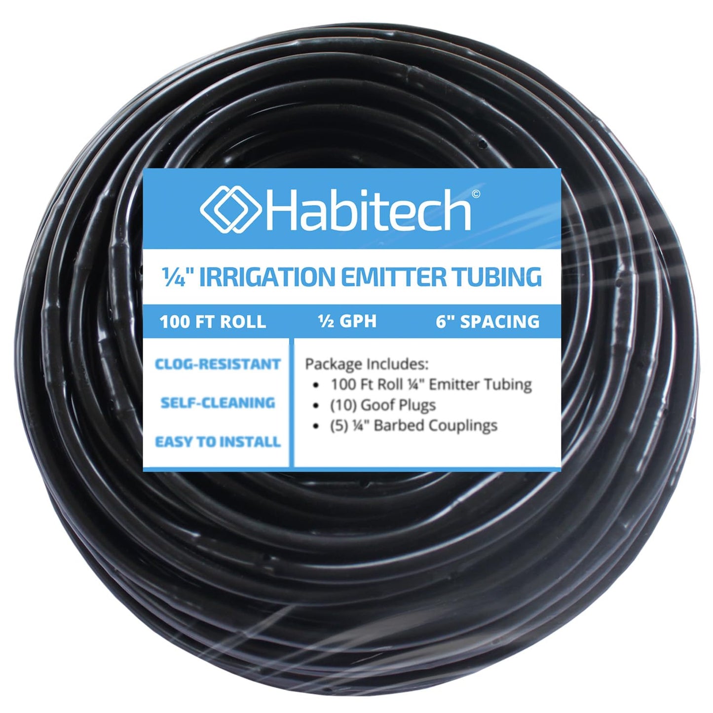 Habitech 1/4" Irrigation Dripline Tubing (100 Ft Roll) - 6" Emitter Spacing - 1/4" Drip Irrigation Fittings Included
