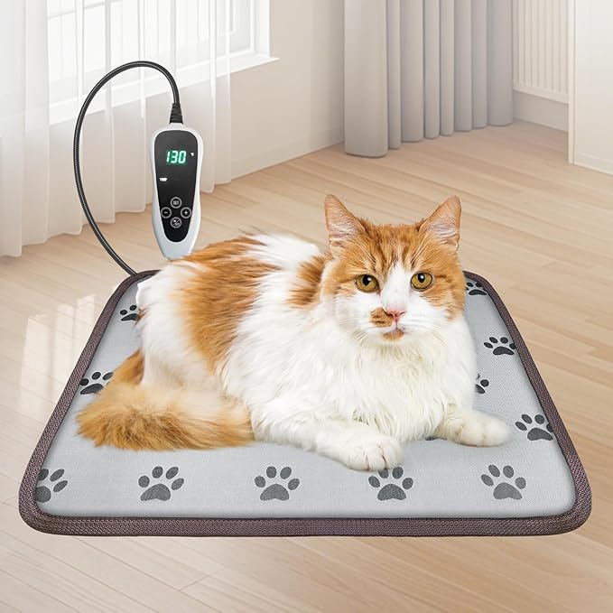 Cat Heating Pad 18x18 in with Smart Thermostat Switch and Power Line Protection Tube,Obtained MET and UL Dual Certification,Waterproof Pet Heating Pad for Cats-Paw Print