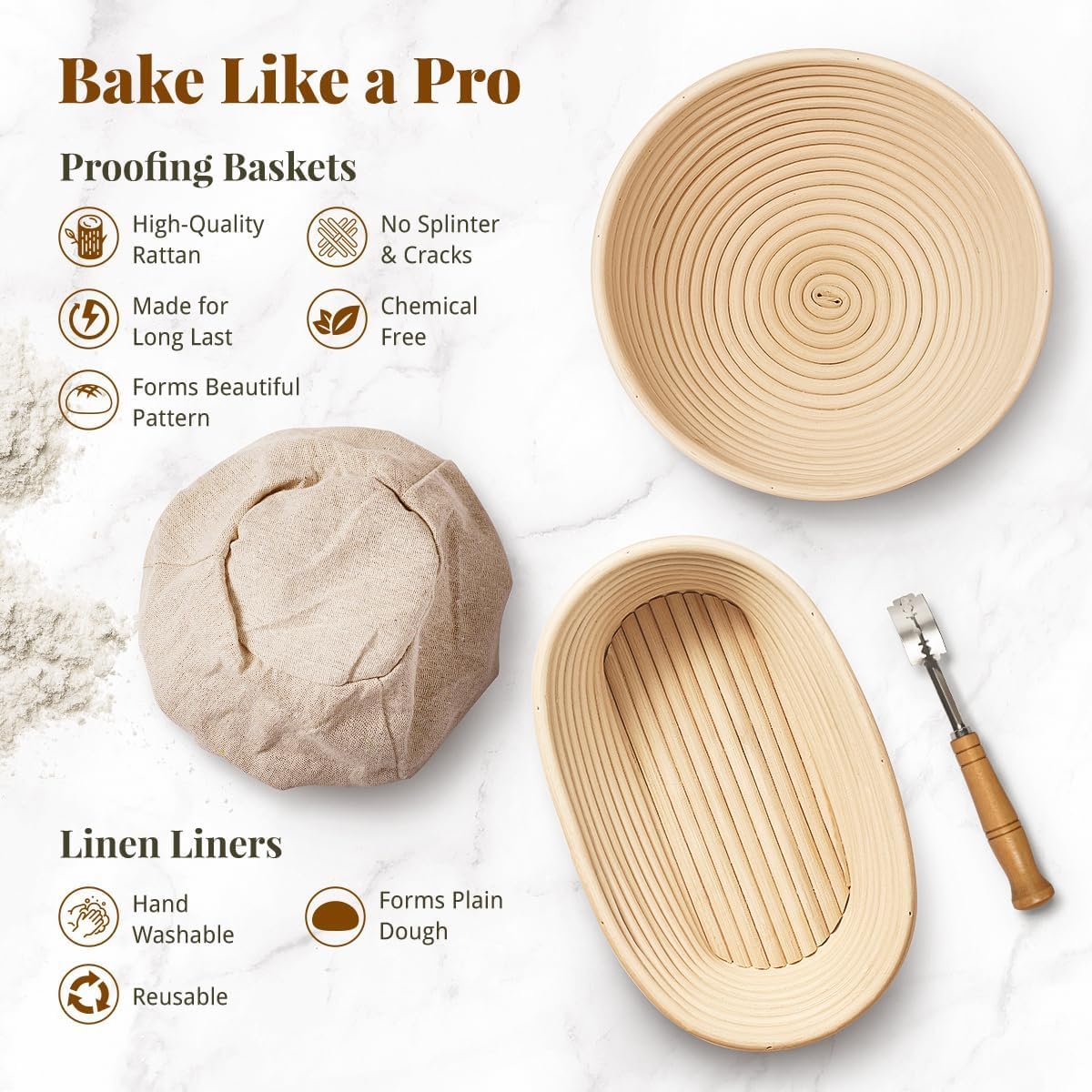 BAVIFY 9 Inch Round Banneton Bread Proofing Basket Sourdough Starter Kit, Sourdough Bread Baking Supplies with Bread Lame, Sling, Spatula, Scraper, Dough Whisk