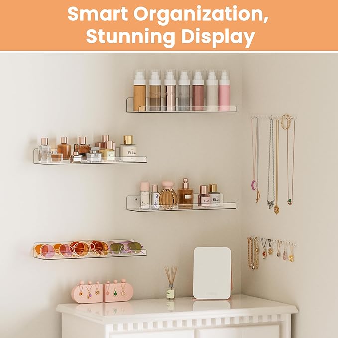 upsimples Acrylic Shelves for Bathroom Storage, 15" Floating Shelves Wall Organizer for Perfume, Make up, Skincare, Kids Bookshelf for Bedroom, Nursery, Living Room Decor, Clear, 4 Pack