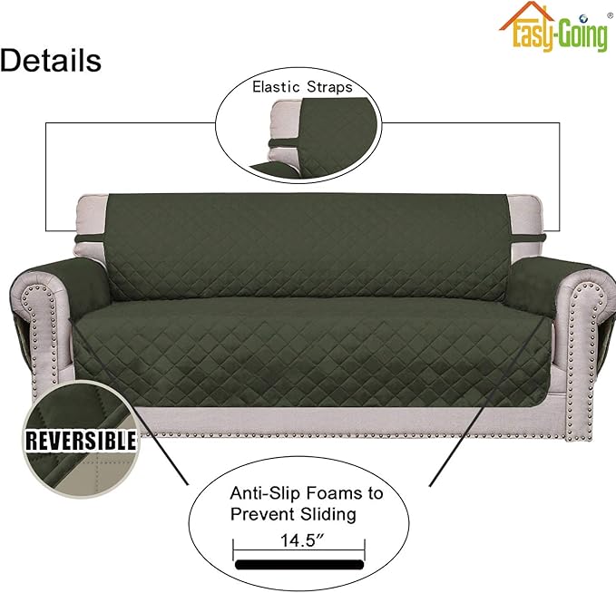 Easy-Going 4 Seater Sofa Slipcover Reversible Sofa Cover Water Resistant Couch Cover with Foam Sticks Elastic Straps Furniture Protector for Pets Children Dog Cat (XX-Large, Army Green/Beige)