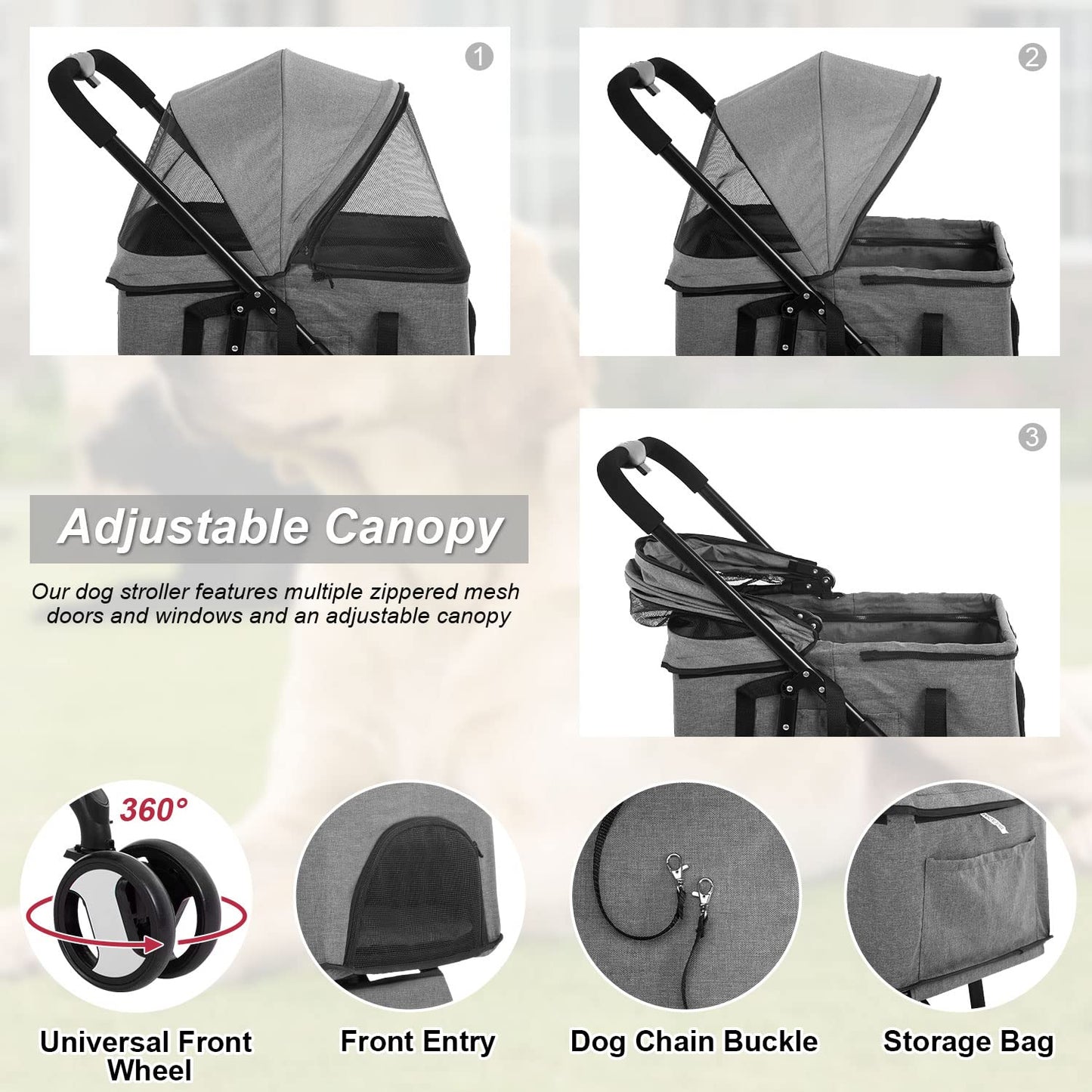 BestPet 3-Wheels Pet Stroller - Dog & Cat Premium 3-in-1 Multifunction Detachable Carrier Lightweight Folding Travel Stroller, Grey