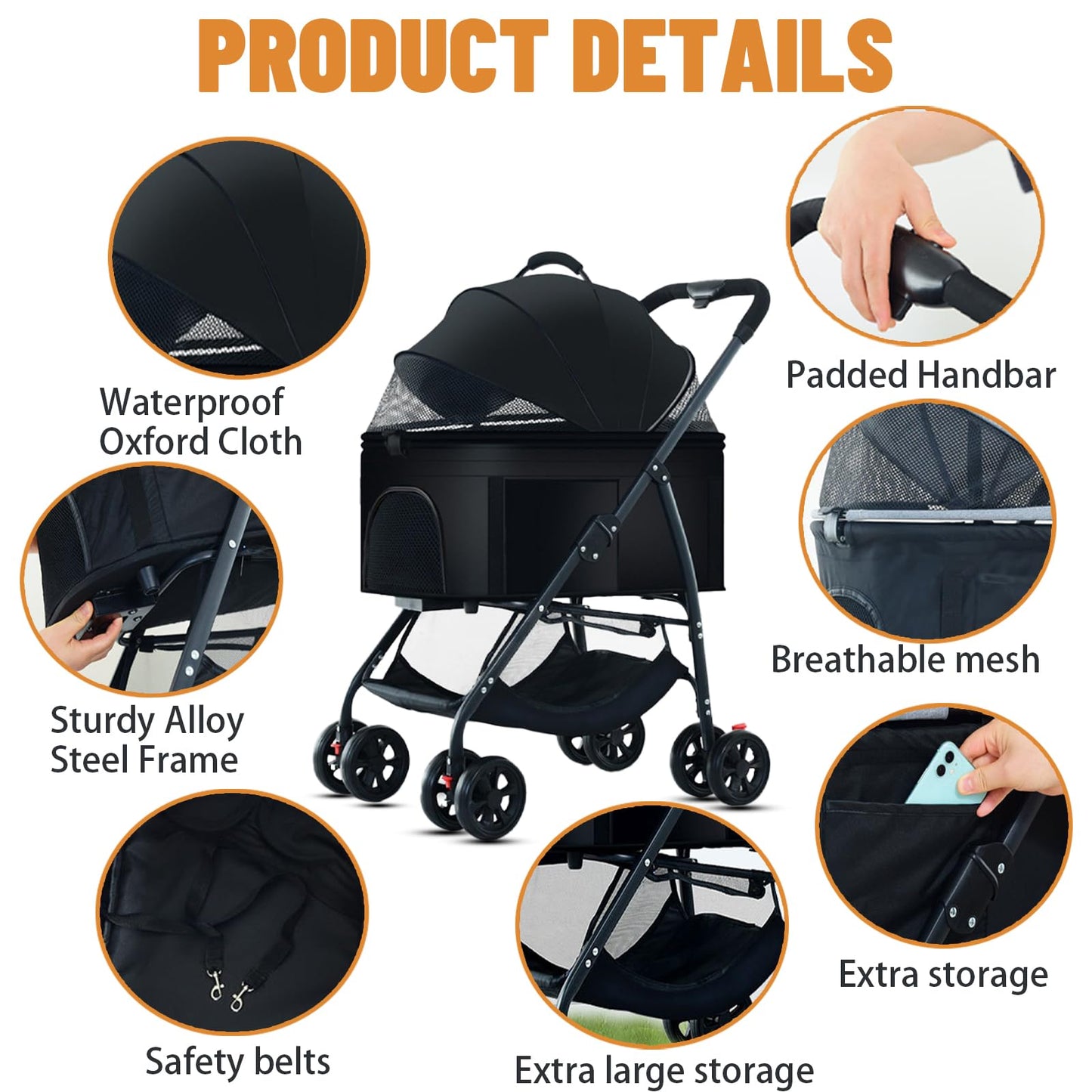 ZHUOKECE 3-in-1 Pet Dog Stroller, Dog Wagon with Removable Carrier, Cat Stroller for Medium Dogs Up to 55lbs (Black)
