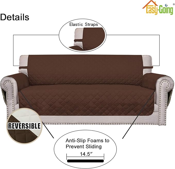 Easy-Going Sofa Slipcover Reversible Loveseat Sofa Cover Couch Cover for 2 Cushion Couch Furniture Protector with Elastic Straps for Pets Kids Dog Cat (Oversized Loveseat, Coffee/Ivory)