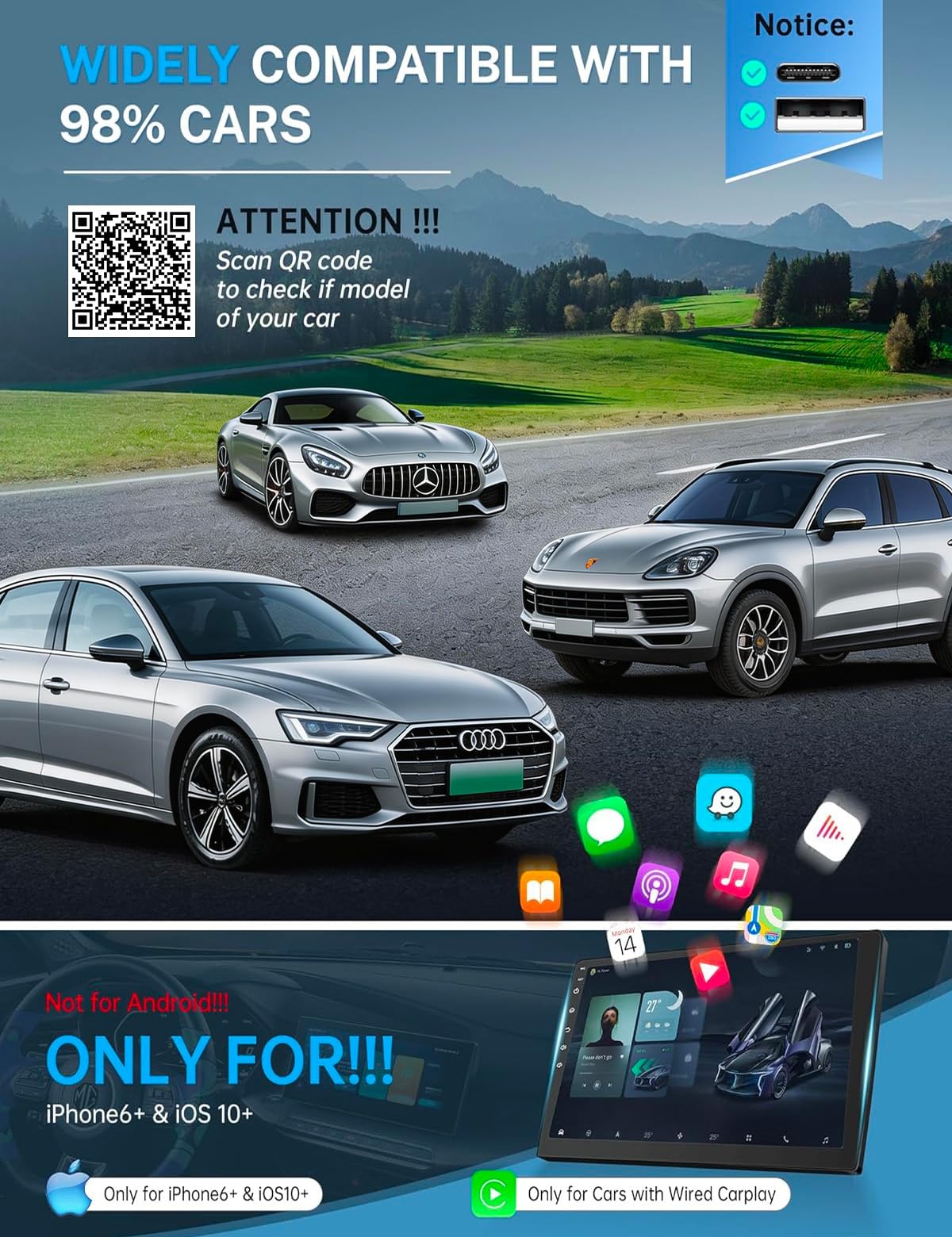 2026 Wireless CarPlay Adapter for iPhone ＆ Android Auto Mini Wired to Wireless Apple Car Play Adapter Plug & Play Compatible for iPhone iOS 10+ Android 11+ with After 2016 Cars