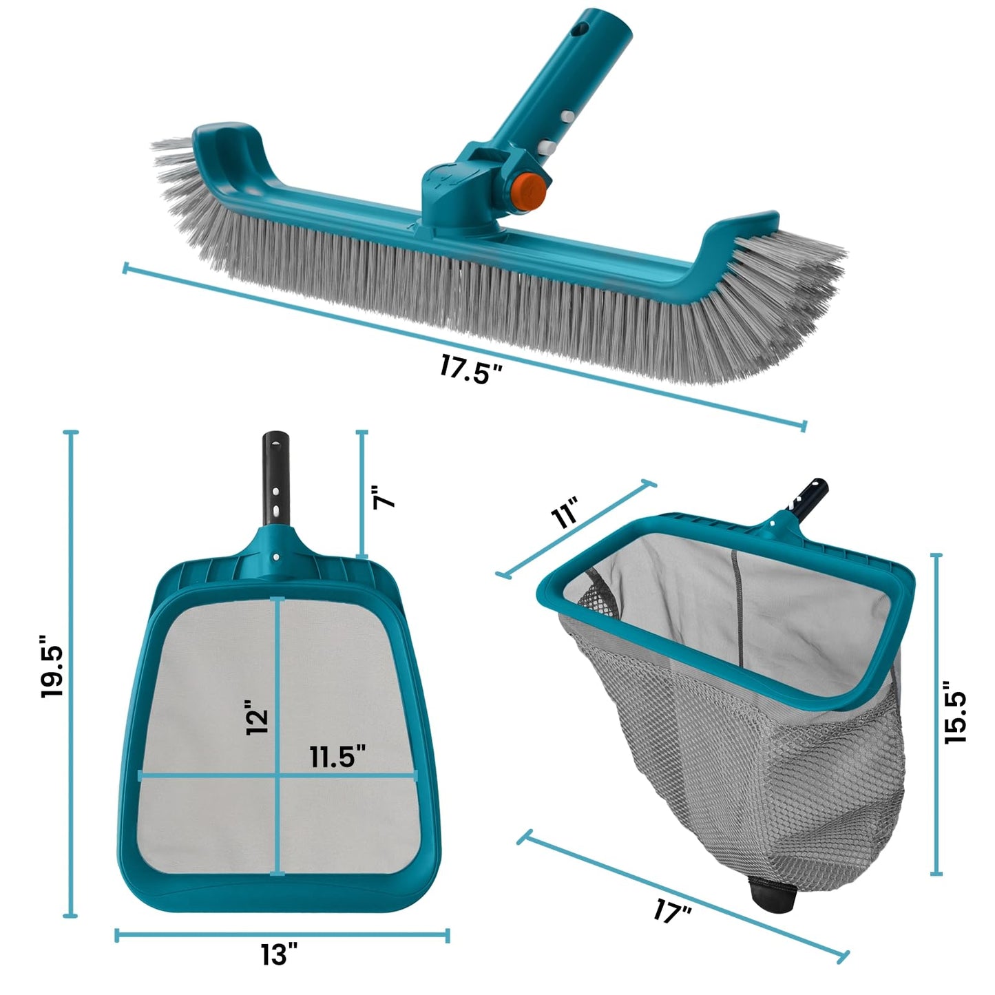 Economy Swimming Pool Cleaning Kit - Fine Mesh Deep Pool Rake & Leaf Skimmer Net, Rotatable Pool Brush Head for Cleaning Above Ground & Inground Pools (No Pole)