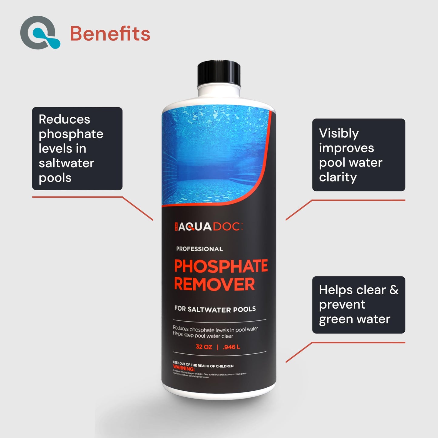 Phosphate Remover for Saltwater Pools - Pool Phosphate Remover to Reduce Phosphates and Improve Water Clarity - AquaDoc Pool Maintenance Formula Made in USA - 32oz