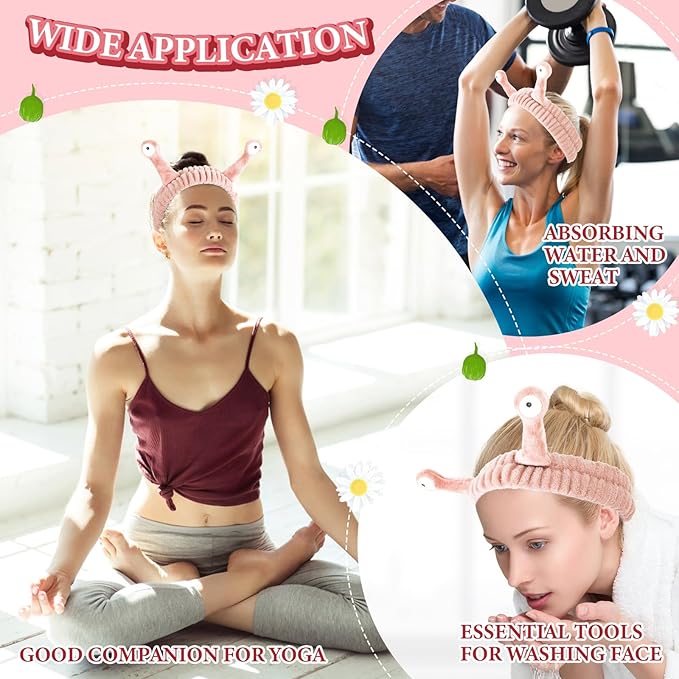 Spa Headband Facial Makeup Head Band Microfiber Soft Coral Fleece Head Wraps Snail Cartoon Cute Hair Accessories Elastic Skincare Hair Band for Women Girls Washing Face Beauty (Pink)