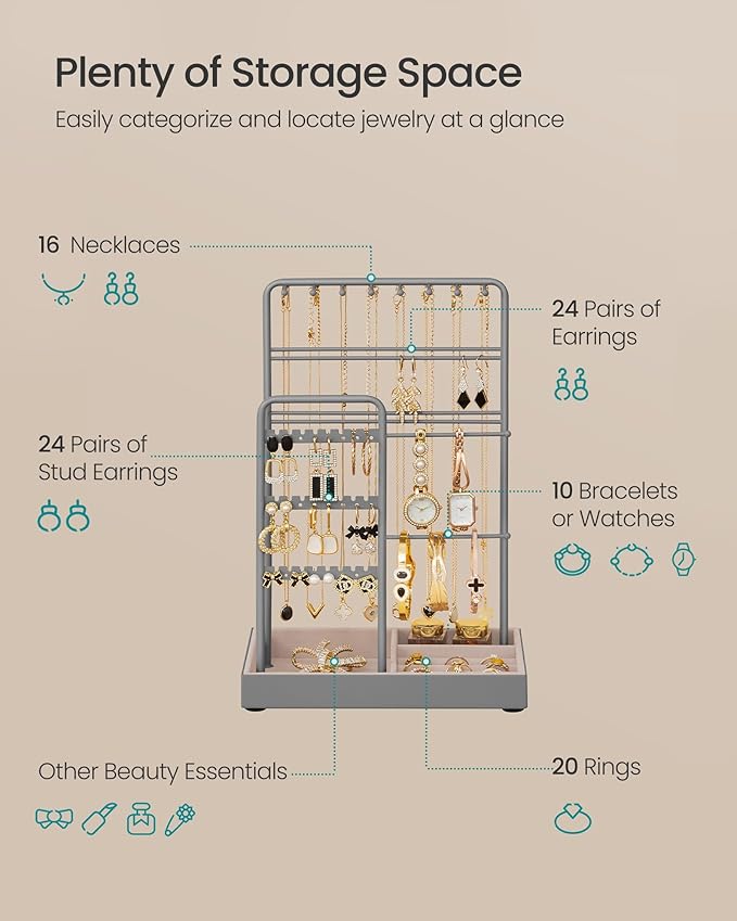 SONGMICS Jewelry Holder, Jewelry Organizer, Jewelry Display Stand with Metal Frame, Velvet Tray, Necklace Earring Bracelet Holder, for Studs, Rings, Gift Idea, Dove Gray UJJS021G01