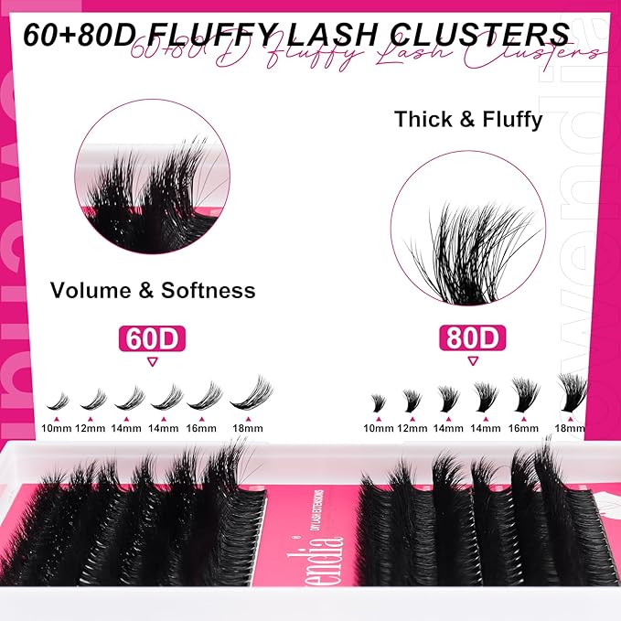 Fowendia Lash Clusters Kit Fluffy 60D 80D Individual Lashes D Curl Cluster Eyelash Extensions 10-18mm DIY Lash Extension Kit Lash Bond and Seal Waterproof, Lash Applicator, Thick False Eyelashes Kit