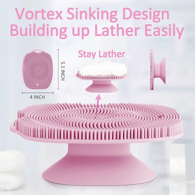 Soft Silicone Body Scrubber, Gentle Like a Hand Exfoliating Your Skin and Build Up Lather Easily, Back Large Suction Cup Easy to Store, Long-Lasting & Deep Clean (Pink)