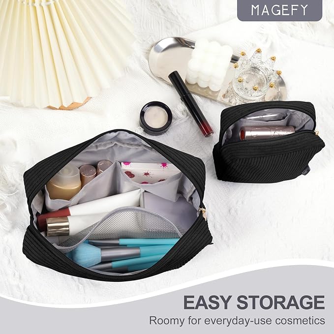 MAGEFY Small Makeup Bag for Purse Mini Cosmetics Bag Corduroy Cute Cosmetic Pouch for Women with Slip-in Pockets