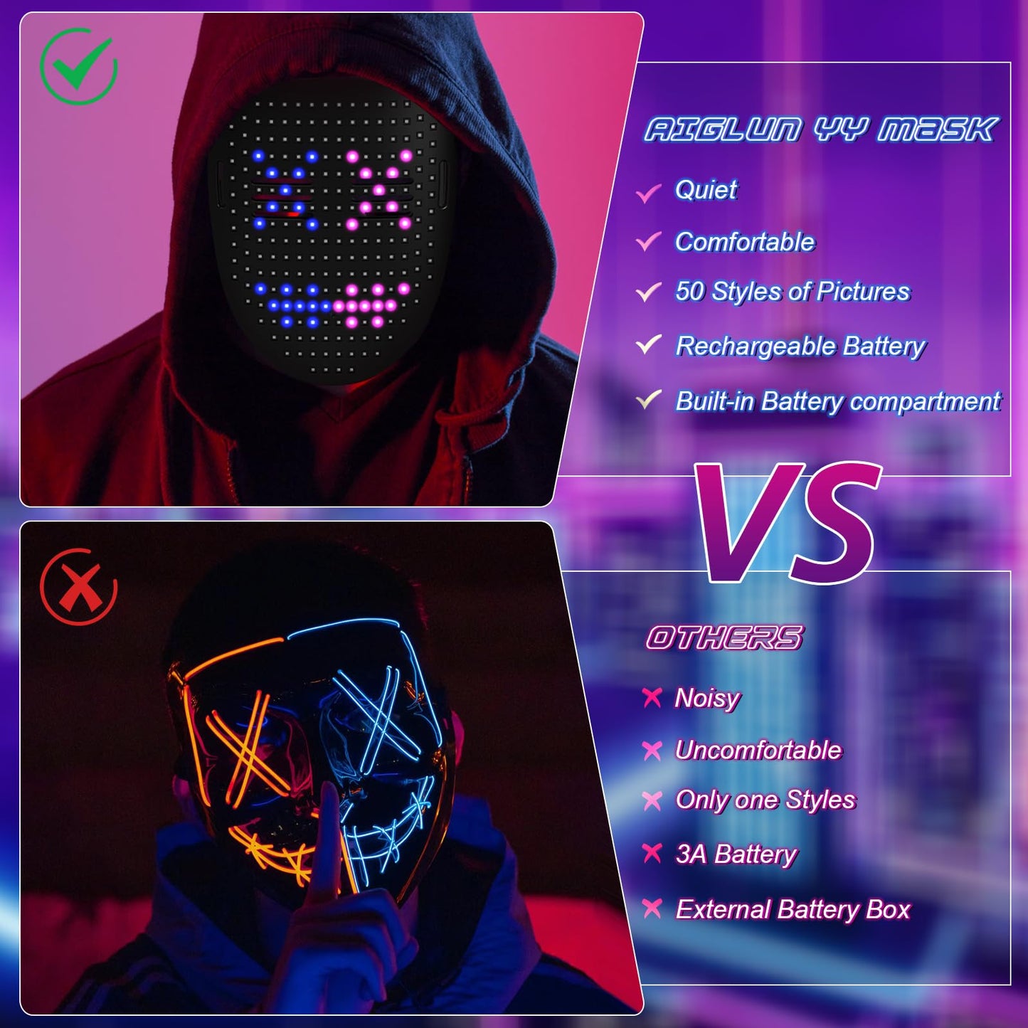 AIGLUN LED Face Transforming Mask with Gesture Control Fun - Cool stuff Halloween Cosplay and Christmas Parties